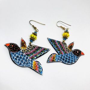 Vintage Flying Bird Pierced Earrings Dangle Hand Painted Birds